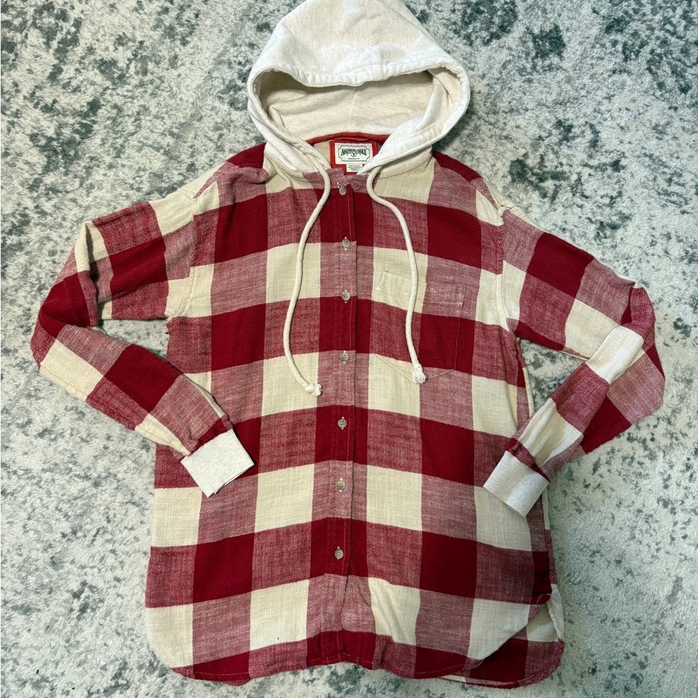 American Eagle Red White Plaid Hooded Button Down Shirt XS Cotton Check Flannel - Picture 2 of 6